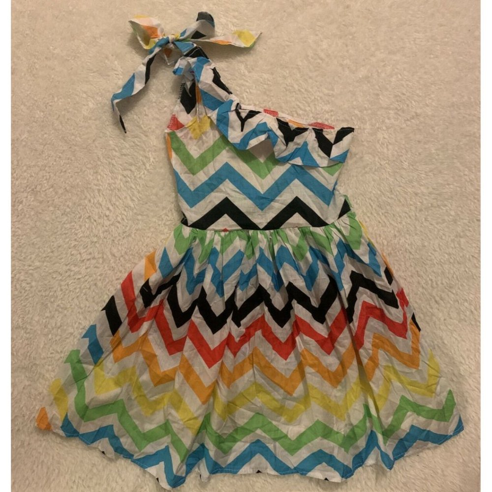 Girls Chevron Dress Rainbow One Shoulder Sz 6 7